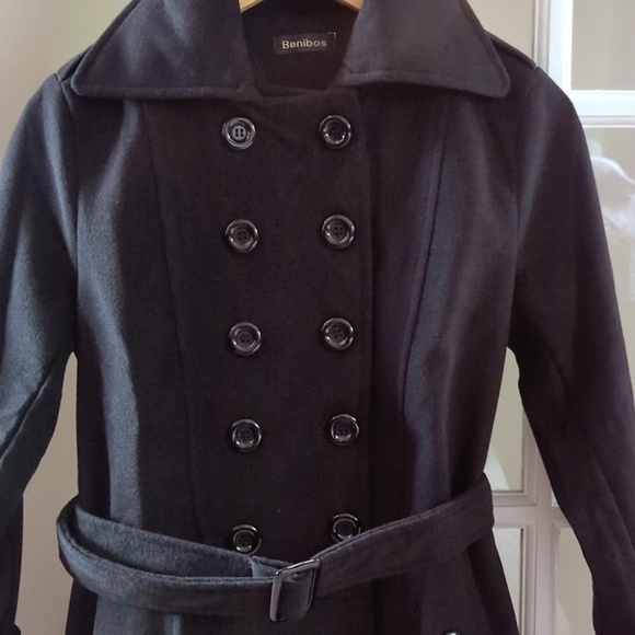 Women’s Black Wool Blend Belted Coat SZ S (New) - Picture 3 of 7